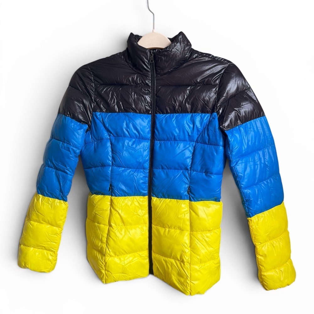 Aqua Blue Yellow Black Colorblock Puffer Packable Jacket Bag Small Lightweight